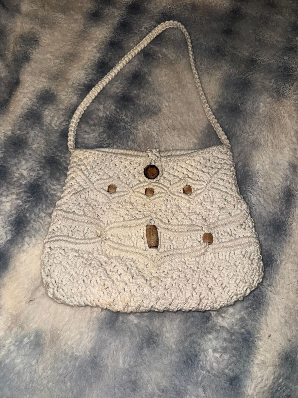 Macrame Shoulder Bag Cream with Wooden Bead Accents Handmade